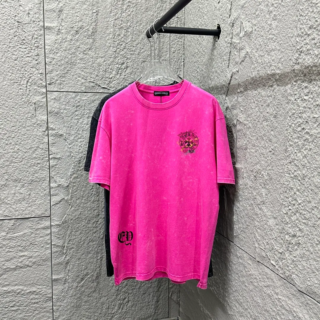 🅿️180 CH Crow Heart* 2025 spring and summer new style Snowflake distressed washed retro round neck short sleeves Chest logo Horseshoe print Customized fabric Short-sleeved T-shirt Unisex Size: S M L XL XXL Color: Snowflake Black Snowflake Gray Snowflake Pink Snowflake Blue